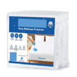 Premium white terry waterproof mattress protector with a fitted design for a secure fit. Soft, noiseless, cooling, and breathable fabric protects your mattress from spills and stains. Machine washable, wrinkle-free, and ideal for everyday comfort.