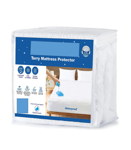 Premium white terry waterproof mattress protector with a fitted design for a secure fit. Soft, noiseless, cooling, and breathable fabric protects your mattress from spills and stains. Machine washable, wrinkle-free, and ideal for everyday comfort.